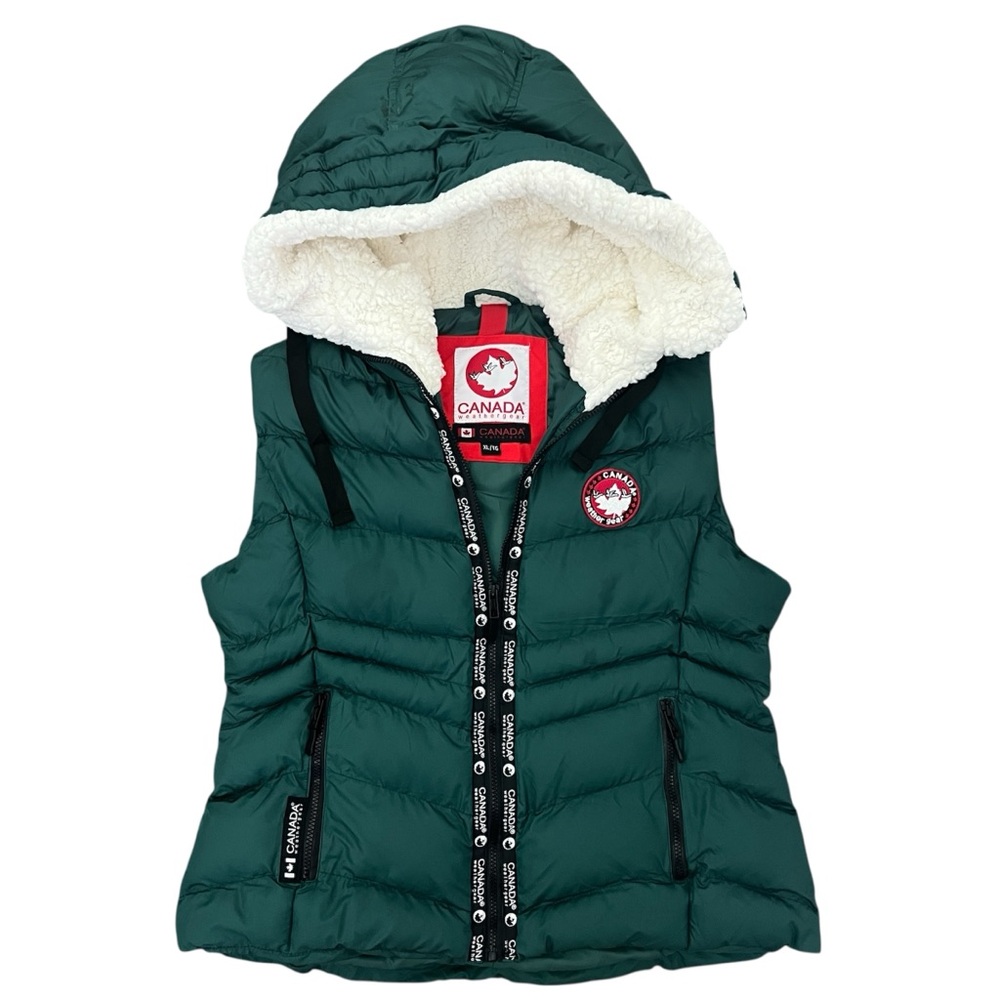 Canada Weather Gear Women’s Green Hooded Puffer Vest with Logo Size XL FLAWED